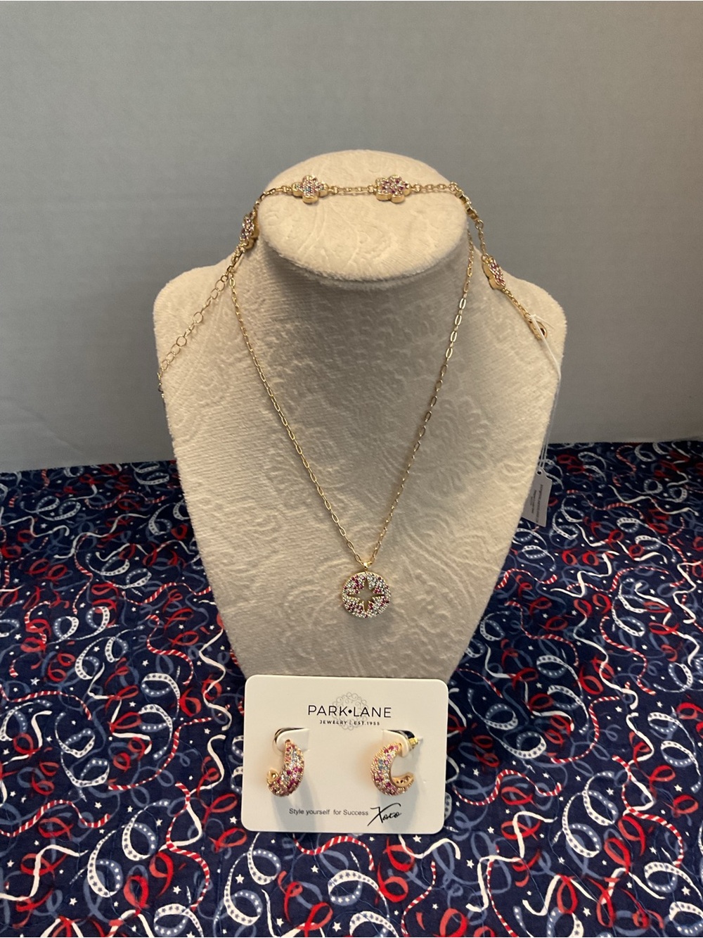 Park Lane Gold and Pink Multi-Stone Pendant Necklace Earnings pixie